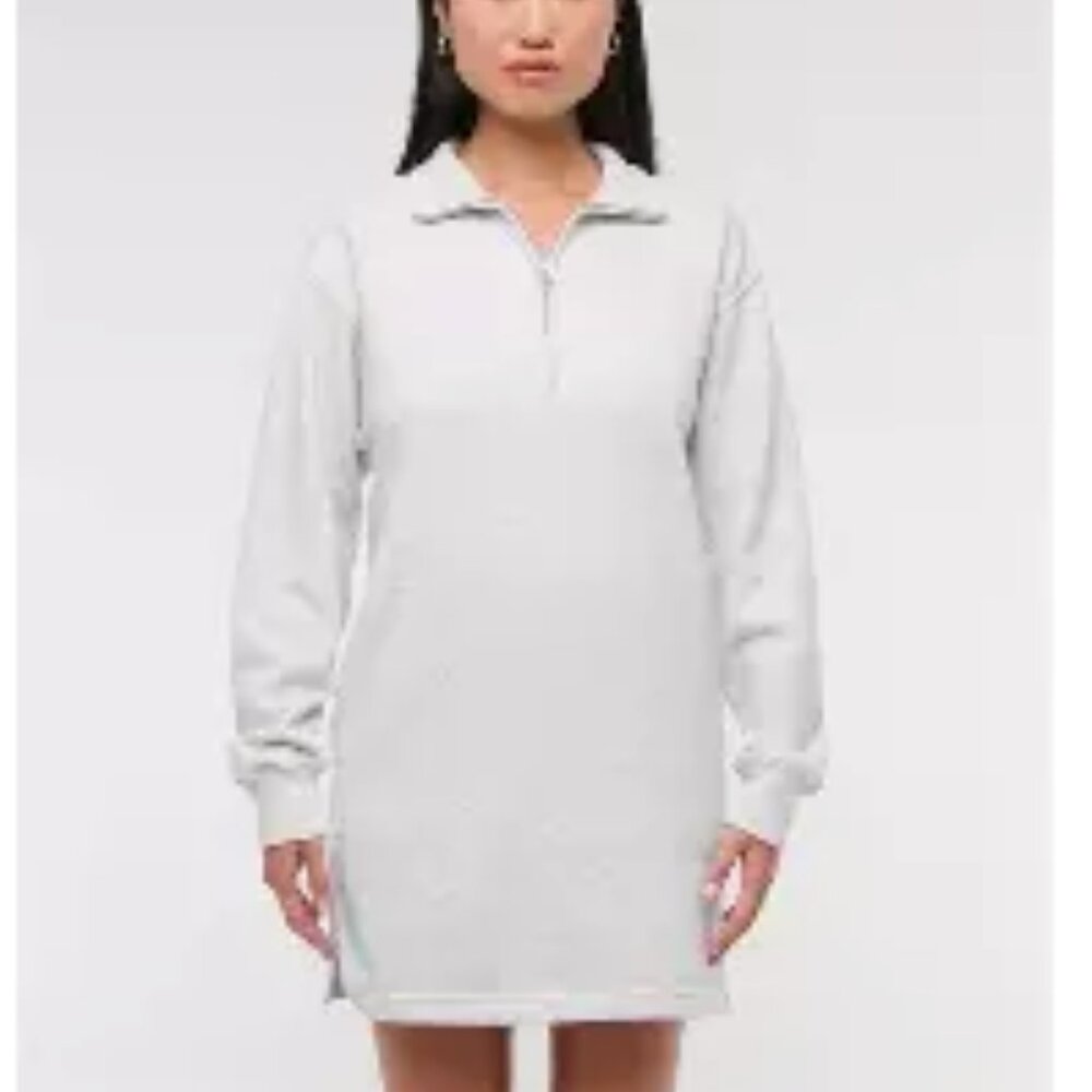 New Abercrombie & Fit Light Grey Fleece Mini Dress Pockets Quarter Zip SP Small